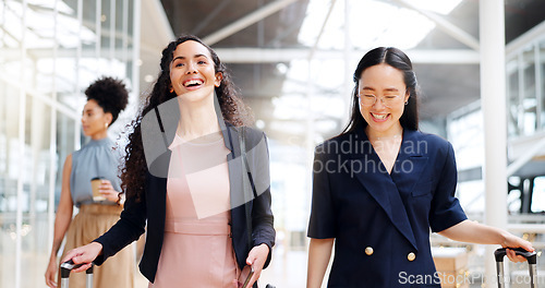 Image of Business woman, phone and walking with luggage in travel for work trip partnership at the workplace. Happy women talking or chatting on a walk to the airport for opportunity or journey with suitcase