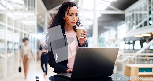 Image of Coffee, laptop and business woman in airport waiting for flight, departure and working for business trip. Corporate travel, career and girl on computer for international, global and overseas project