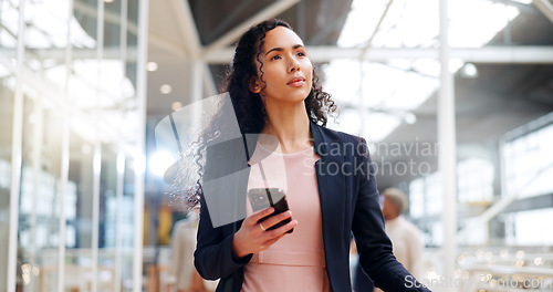 Image of Black woman, leader and business woman in office building with mindset, ambition and vision for future. Woman, thinking and mission in new job, looking and contemplate strategy for goal or innovation