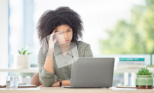 Image of Office laptop, burnout and black woman reading feedback review of social media, customer experience or ecommerce website. Mental health, headache and employee tired from analysis of online survey