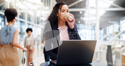 Image of Coffee, laptop and business woman in airport waiting for flight, departure and working for business trip. Corporate travel, career and girl on computer for international, global and overseas project