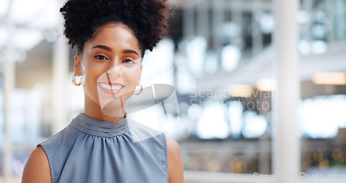 Image of Leadership, business and black woman wink walking in corporate workplace with goals, mission and vision. Success, startup and happy girl entrepreneur with happy mindset, motivation and confidence