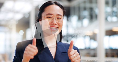 Image of Thumbs up, walking and face of business woman with emoji gesture for congratulations, job well done or winner. Agreement, finished and portrait of happy Asian employee with yes hand sign for success