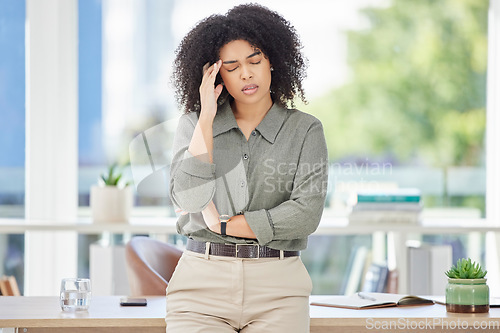 Image of Mental health, headache and office burnout for black woman with career stress over mistake, crisis or stock market crash. Financial problem, depression and sad business employee with migraine pain