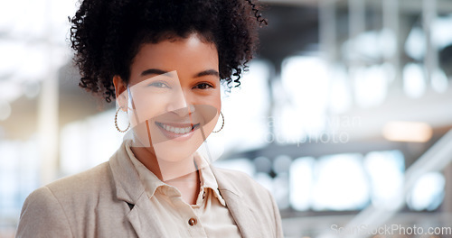 Image of Leadership, business and black woman wink walking in corporate workplace with goals, mission and vision. Success, startup and happy girl entrepreneur with happy mindset, motivation and confidence