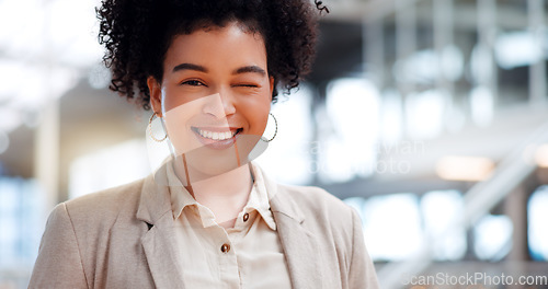 Image of Leadership, business and black woman wink walking in corporate workplace with goals, mission and vision. Success, startup and happy girl entrepreneur with happy mindset, motivation and confidence