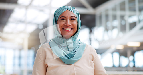Image of Muslim, business woman and success with face, executive and happy with career, vision with Islamic company. Professional portrait, employee in hijab and leader with corporate motivation and mindset