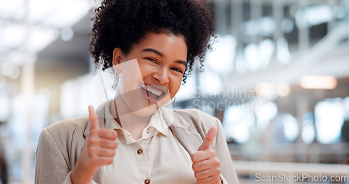 Image of Thumbs up, business and face of black woman with emoji gesture for congratulations, job well done or winner. Agreement, finished and portrait of happy African employee with yes hand sign for success