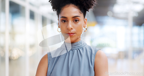 Image of Face, mindset or vision and a business black woman at work standing in her office with a mission for the future. Motivation, goal and target with a female employee working for corporate success