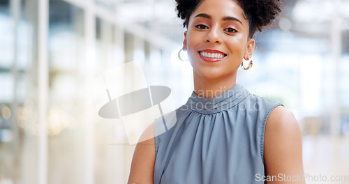 Image of Leadership, business and black woman wink walking in corporate workplace with goals, mission and vision. Success, startup and happy girl entrepreneur with happy mindset, motivation and confidence