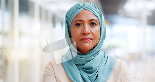 Image of Muslim, business woman and success with face, executive and happy with career, vision with Islamic company. Professional portrait, employee in hijab and leader with corporate motivation and mindset