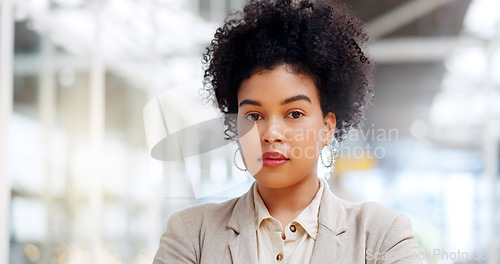 Image of Face, mindset or vision and a business black woman at work standing in her office with a mission for the future. Motivation, goal and target with a female employee working for corporate success