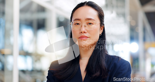 Image of Business leadership, face and Asian woman in office ready for targets or goals. Ceo, boss and proud, confident and assertive female entrepreneur from Japan with vision, mission and success mindset.