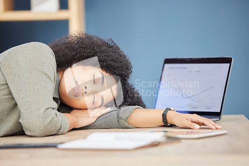 Image of Sleep, office burnout and black woman tired from review of stock market data, economy infographic or trading analytics. Business fatigue, overtime and sleeping trader with forex, NFT or chart