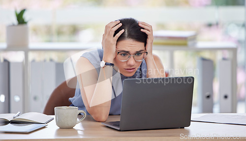 Image of Stress, anxiety and woman with glitch on laptop in office frustrated, worry and confused from 404 error. Technology, cybersecurity and girl worker with digital hacker, spam and scam problem at desk