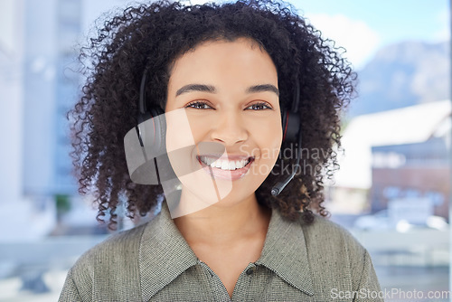 Image of Call center, smile and portrait of business woman for customer service, consulting and technical support. Help desk, advisory and telemarketing with employee and microphone for online sales in office