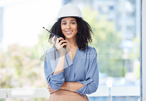 Image of Architecture, radio and portrait of black woman in office for engineering, building or project management. Leadership, design or communication with construction worker and walkie talkie for industry