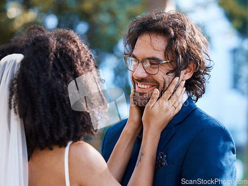 Image of Marriage, happy couple and outdoor wedding celebration event together with commitment and care. Face of a man and woman at a park with trust, interracial partnership and support or gratitude