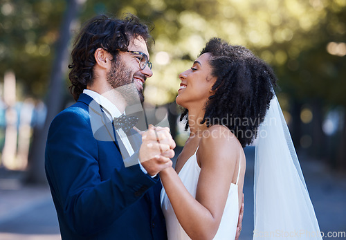 Image of Wedding, couple and dancing outdoor for marriage celebration event together with love. Happy interracial man and woman at nature park with care, partnership and commitment with a smile and happiness