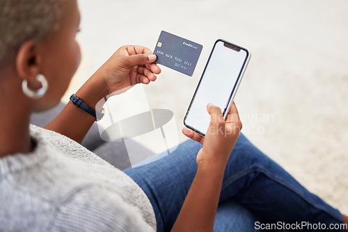 Image of Online shopping, mockup phone and black woman with credit card for digital bank payment, fintech or finance sale. Mock up white screen, e commerce and customer search retail product on store website