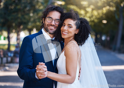 Image of Couple portrait, wedding and happy dancing outdoor at marriage celebration event together with love. Interracial man and woman at park with trust, partnership and care for commitment to partner