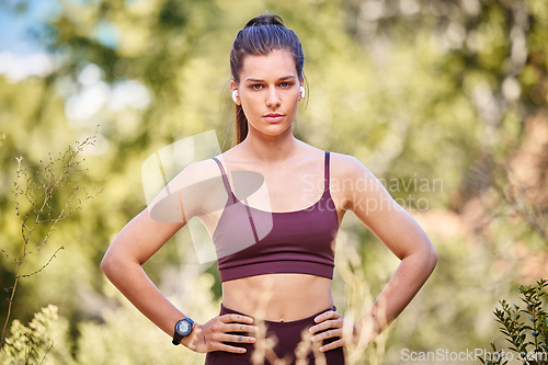 Image of Fitness, exercise and portrait of woman in forest ready for running, marathon training and workout outdoors. Sports, motivation and serious girl with focus for wellness, cardio and healthy body