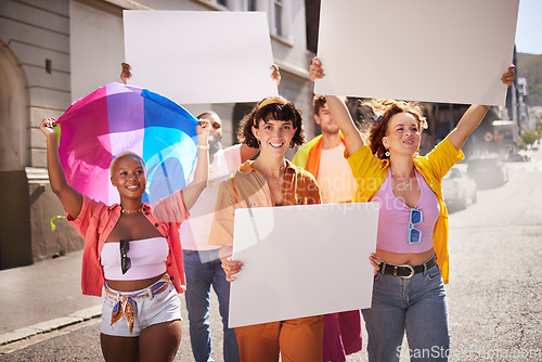 Image of Poster mockup, lgbt protest and people walking in city street for activism, human rights and equality. Freedom, diversity support and lgbtq community crowd with billboard space for social movement