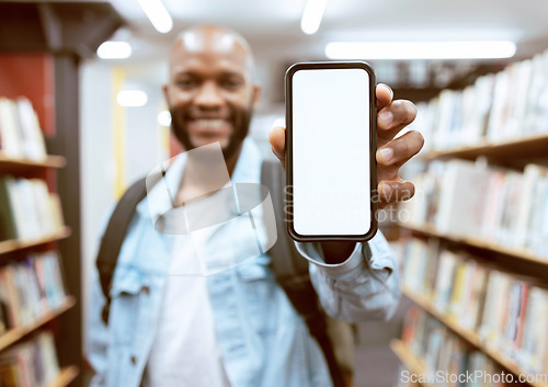 Image of Mockup screen, education or black man with phone in library for research, advertising or project management. Smile, happy or university student with tech for learning, scholarship study or web search