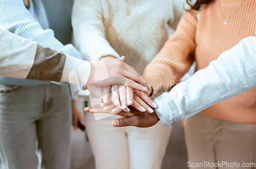 Image of Goals, team building or hands of students with support for knowledge or development for future growth. Collaboration, diversity or school pupil with focus or mission in huddle for learning success