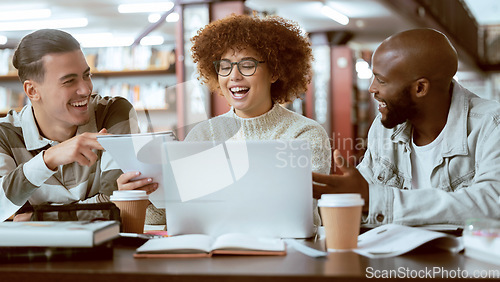 Image of Teamwork, education or students with laptop in library for research, collaboration or project management. Group, happy or university people with tech for learning, scholarship study or web search