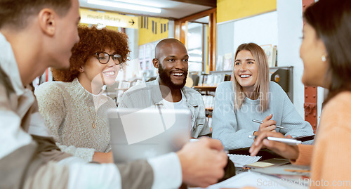 Image of Teamwork, education or students with tablet in library for research, collaboration or project management. Group, happy or university people smile on tech for learning, scholarship study or web search