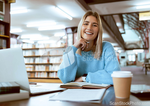 Image of Books, portrait or happy woman in a library reading for knowledge or development for future growth. Scholarship, student or school girl smiles with pride studying or learning college information