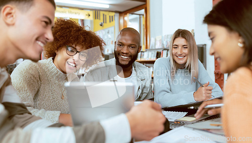 Image of Teamwork, education or students with tablet in library for research, collaboration or project management. Smile, happy or university people with tech for learning, scholarship study or web search