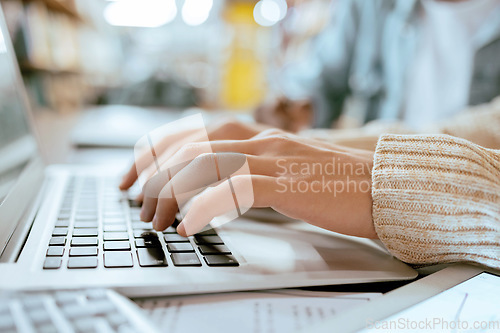 Image of Closeup, student hands and typing on laptop at desk for studying, planning and learning for goals. Man, keyboard and computer for brainstorming and online research for ideas at university library