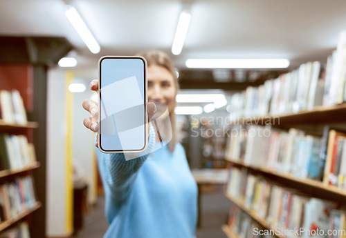 Image of Mockup screen, education or woman with phone in library for research, advertising or project management. Smile, happy or university student with tech for learning, scholarship study or web search