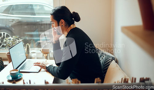 Image of Thinking, writing and man in coffee shop for remote work inspiration, creative essay and phd research on laptop. Computer, internet cafe and thoughtful person or student for studying ideas on screen
