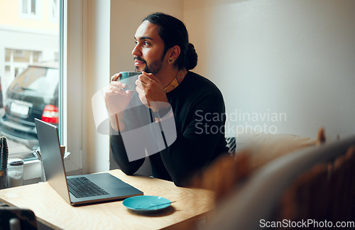 Image of Thinking, inspiration and man in coffee shop for remote work, creative writing and relax restaurant on laptop. Computer, internet cafe and thoughtful person or student for study ideas, drinking tea