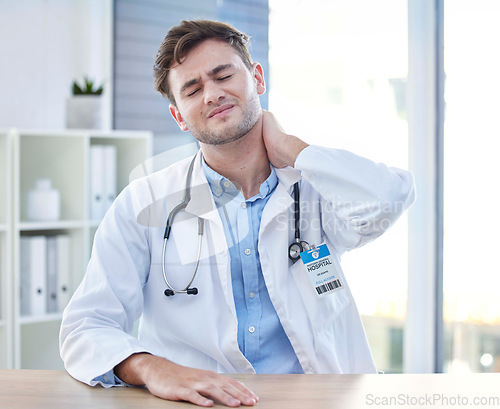 Image of Stress, neck pain and medical with doctor in office for consulting, mental health and physical therapy. Medicine, healthcare and injury with tired man in hospital with injury, exhausted and muscle