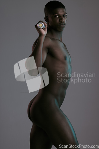 Image of Black man, nude and skin with portrait, body and bat with fitness, muscle and sexy isolated on dark background. Abs, butt and muscular with naked person, baseball and sensual, strong male in sports