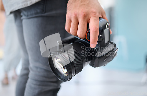 Image of Digital photography, camera and hands of photographer in studio shooting creative memory picture, photoshoot or production. Lens, art creativity or man with professional dslr for artistic vision shot