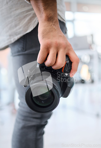 Image of Digital photography, camera and hands of man in studio shooting creative memory picture, photoshoot or production. Lens, art creativity or professional photographer with dslr for artistic vision shot