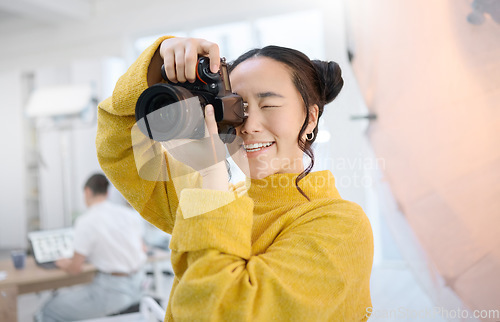 Image of Photography, camera and photographer in studio shooting creative memory picture, Japanese photoshoot or digital production. Lens focus, art creativity and young Asian woman working for artistic shot