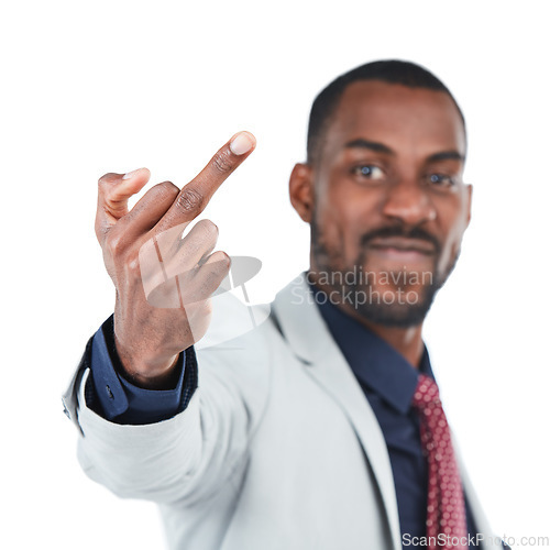 Image of Middle finger, rude sign and black man on a white background for disrespect, mean and anger. Symbol, hand gesture and frustrated, angry and upset male isolated in studio with conflict expression