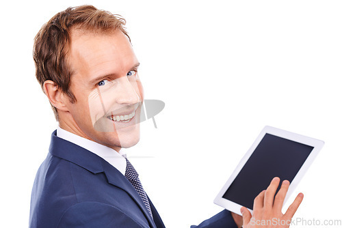 Image of Digital tablet, portrait and businessman in studio networking on social media or the internet. Technology, communication and corporate male model with touchscreen device isolated by white background.