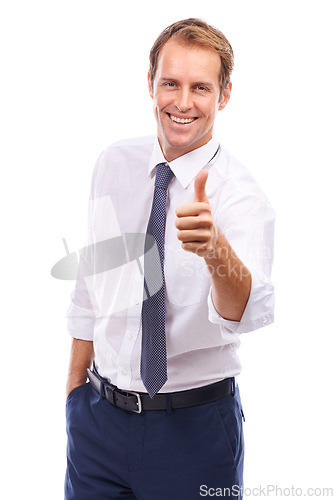 Image of Businessman, thumbs up and happy portrait for success support, employee motivation and winner in white background. Corporate male, good job and deal discount or sale happiness isolated in studio