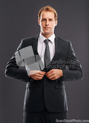 Image of Corporate ceo and portrait of man in suit for professional and elegant businessman style with confidence. Formal executive and confident caucasian worker fashion at isolated grey background.