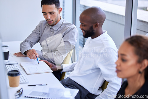 Image of Teamwork, diversity and people in office with notebook sharing idea notes and working together at agency. Creative startup team, corporate work and men and woman planning project strategy at desk.