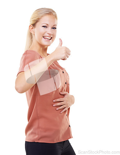 Image of Stomach, thumbs up and woman in studio for weight loss, digestion health and wellness in portrait. Yes, ok and success hand sign of woman with gut health, diet and happy with results in mockup