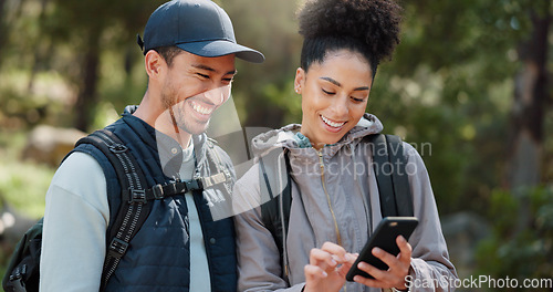 Image of Couple, hiking and selfie, outdoor and travel, black woman and man together out in nature with technology and backpacking in woods. Hiker on adventure, relationship and photo with smartphone.