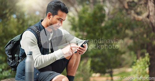 Image of Phone, hiking and man in nature for a gps location, travel and freedom in mountains of Peru during a holiday. Young, thinking and Asian man with a mobile for communication while trekking in a forest